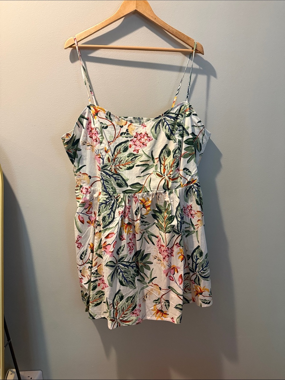 H&M White Floral Mini Dress with Green & Pink Leaf Print